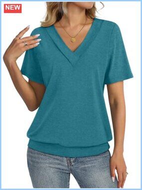 Women's V Neck Short Sleeve T-Shirt Banded Bottom Loose Fit Casual Top